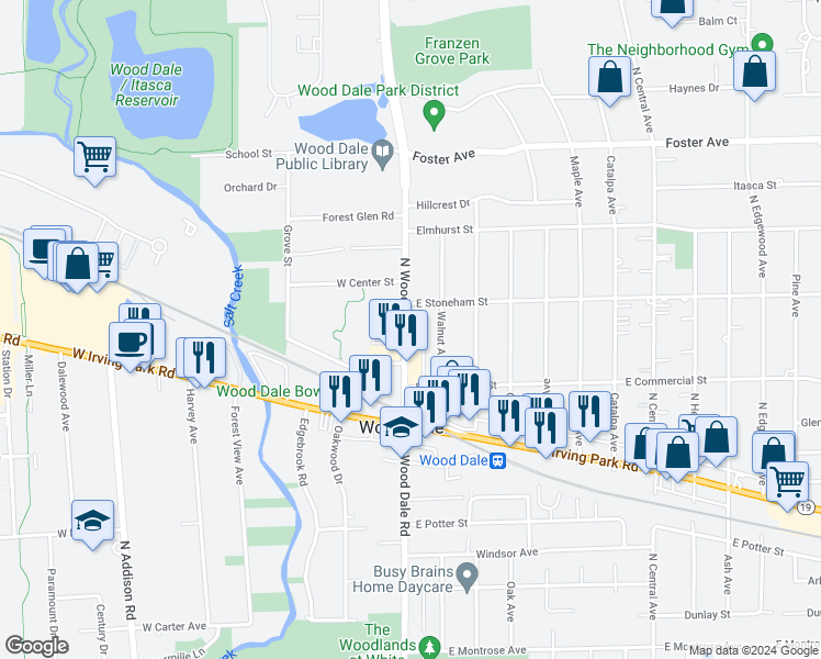 map of restaurants, bars, coffee shops, grocery stores, and more near 352 Walnut Avenue in Wood Dale