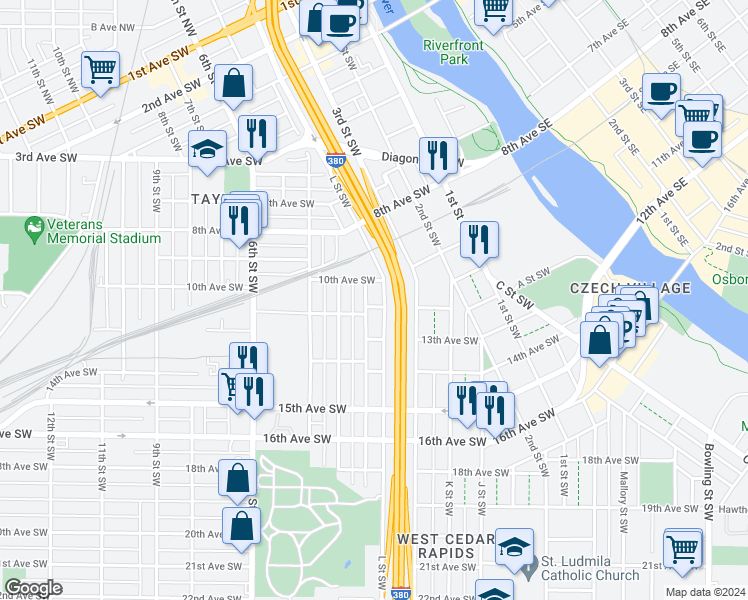 map of restaurants, bars, coffee shops, grocery stores, and more near 1206 M Street Southwest in Cedar Rapids