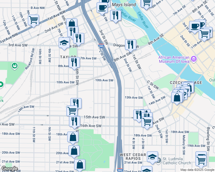 map of restaurants, bars, coffee shops, grocery stores, and more near 1206 M Street Southwest in Cedar Rapids