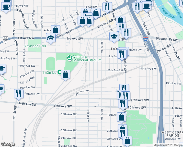 map of restaurants, bars, coffee shops, grocery stores, and more near 1034 10th St SW in Cedar Rapids