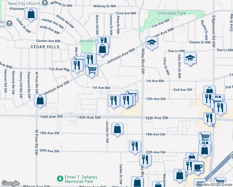 map of restaurants, bars, coffee shops, grocery stores, and more near 1225 Jacolyn Drive Southwest in Cedar Rapids