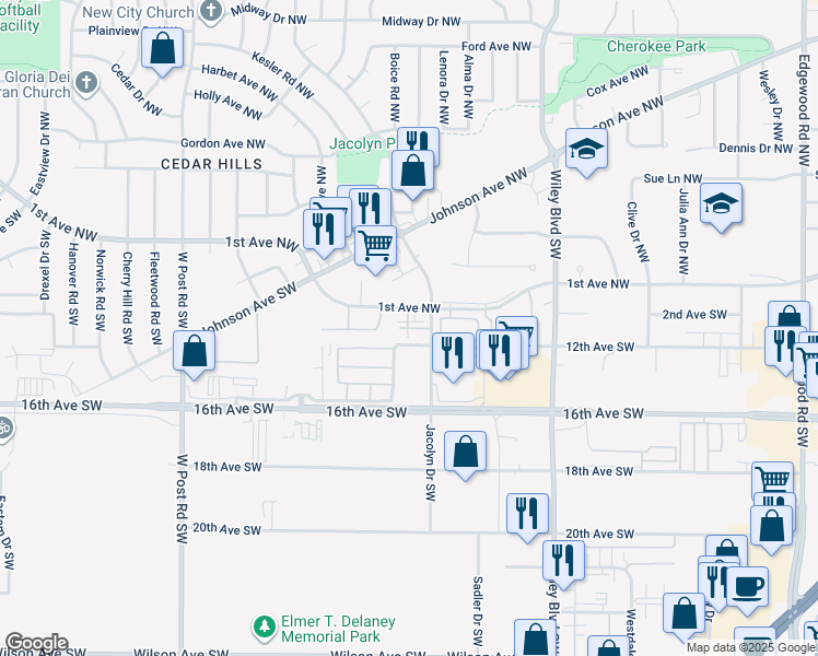 map of restaurants, bars, coffee shops, grocery stores, and more near 630-788 Jacolyn Drive Southwest in Cedar Rapids