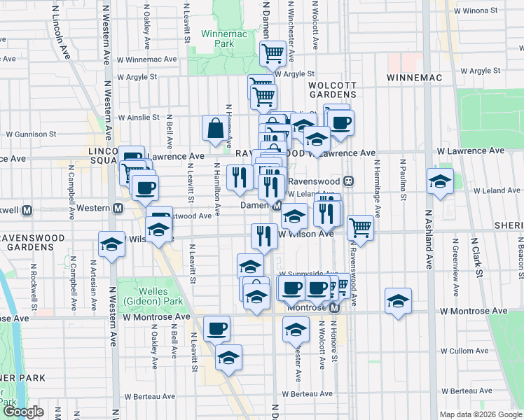 map of restaurants, bars, coffee shops, grocery stores, and more near in Chicago