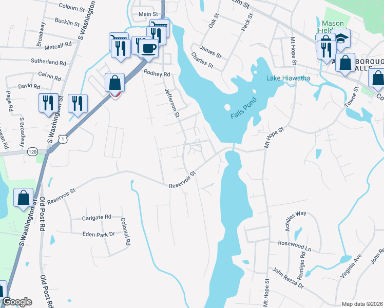 map of restaurants, bars, coffee shops, grocery stores, and more near 302 Reservoir Street in North Attleborough