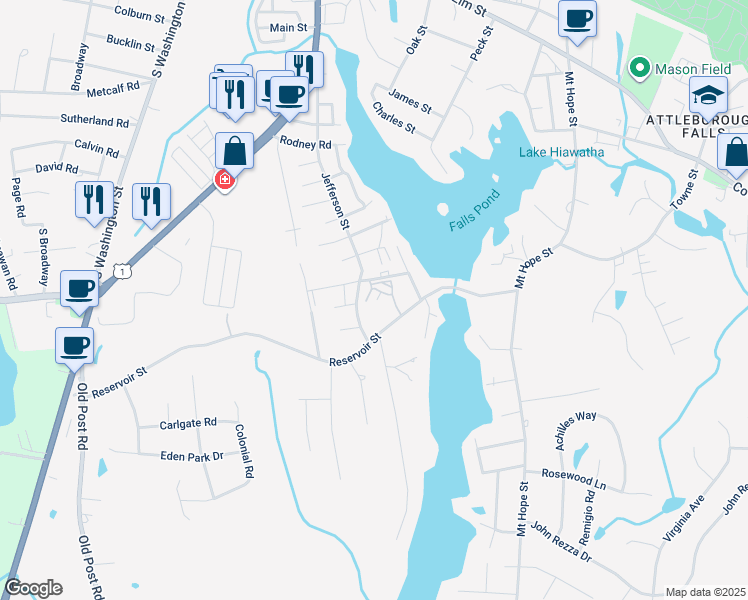 map of restaurants, bars, coffee shops, grocery stores, and more near 30 Juniper Road in North Attleborough