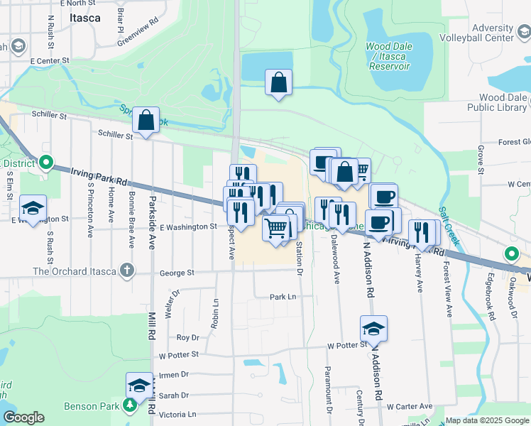 map of restaurants, bars, coffee shops, grocery stores, and more near 467 Georgetown Square in Wood Dale