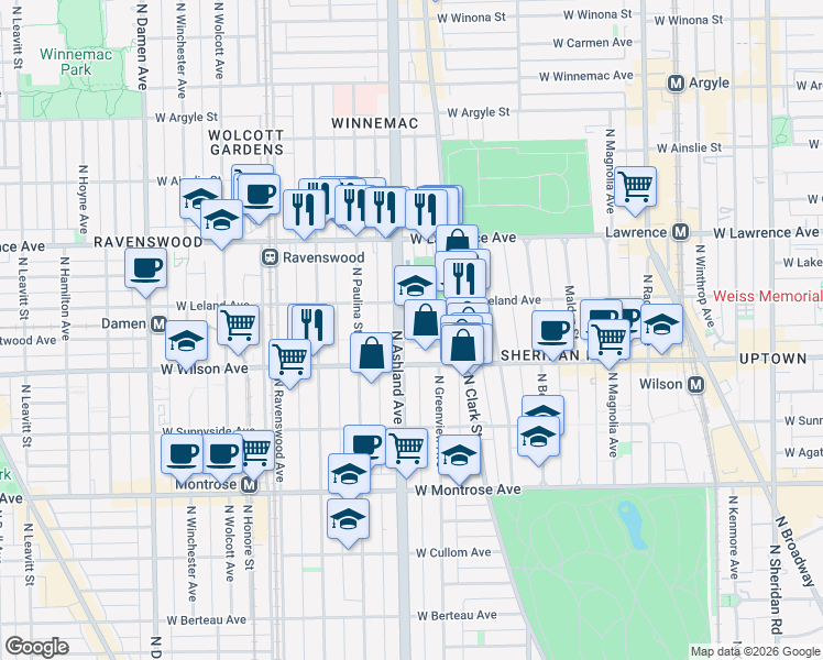 map of restaurants, bars, coffee shops, grocery stores, and more near 4637 North Ashland Avenue in Chicago