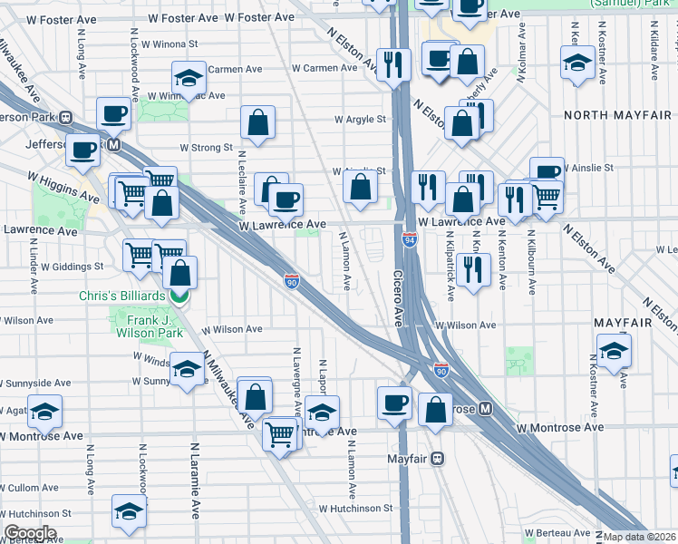 map of restaurants, bars, coffee shops, grocery stores, and more near 4723 North Lamon Avenue in Chicago