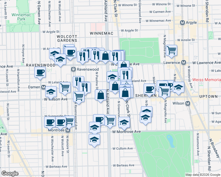 map of restaurants, bars, coffee shops, grocery stores, and more near 4701 North Ashland Avenue in Chicago