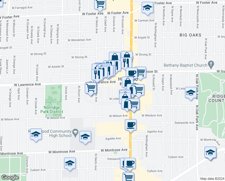 map of restaurants, bars, coffee shops, grocery stores, and more near 7311 West Lawrence Avenue in Harwood Heights