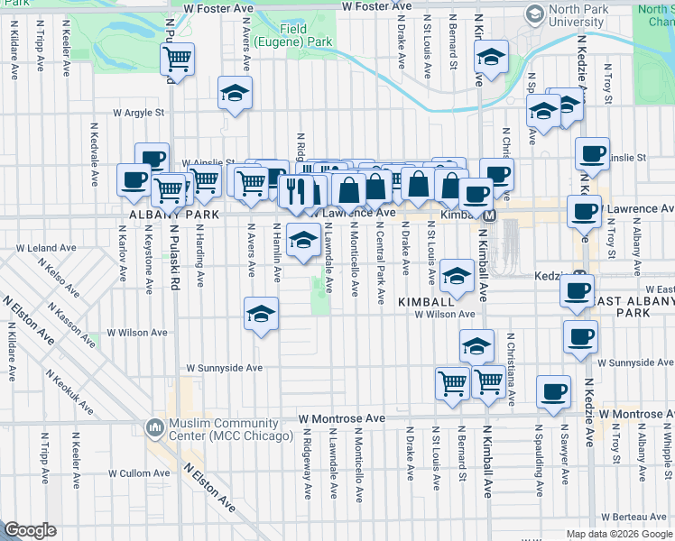 map of restaurants, bars, coffee shops, grocery stores, and more near 4653 North Lawndale Avenue in Chicago