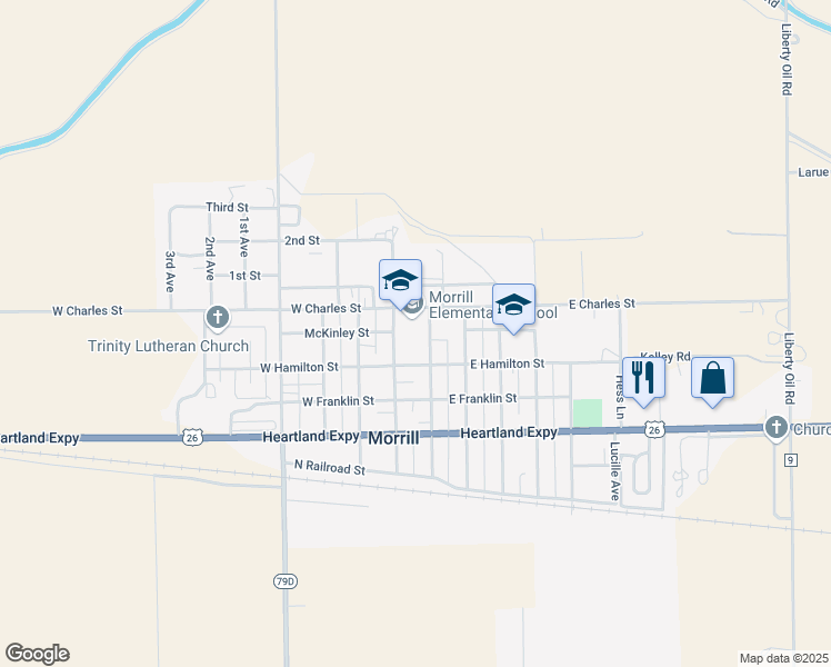 map of restaurants, bars, coffee shops, grocery stores, and more near 505 Center Avenue in Morrill