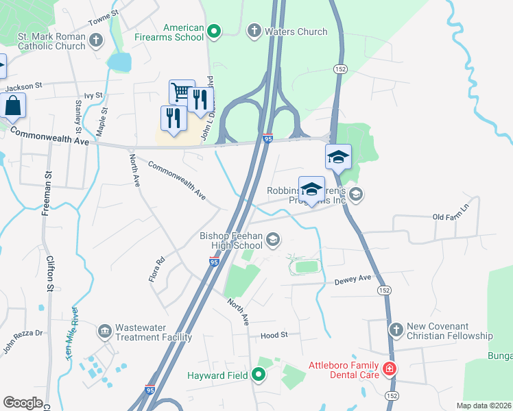 map of restaurants, bars, coffee shops, grocery stores, and more near 95 Commonwealth Avenue in Attleboro