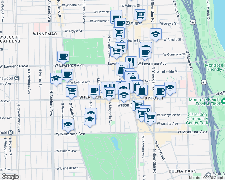 map of restaurants, bars, coffee shops, grocery stores, and more near 1207 West Leland Avenue in Chicago