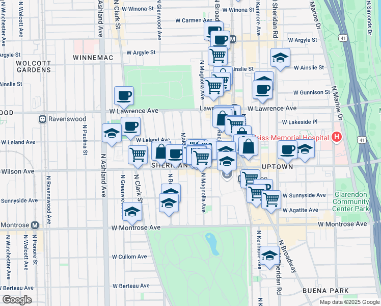 map of restaurants, bars, coffee shops, grocery stores, and more near 1247 West Leland Avenue in Chicago