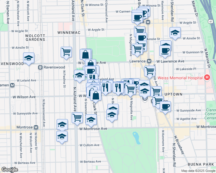 map of restaurants, bars, coffee shops, grocery stores, and more near 4656 North Beacon Street in Chicago
