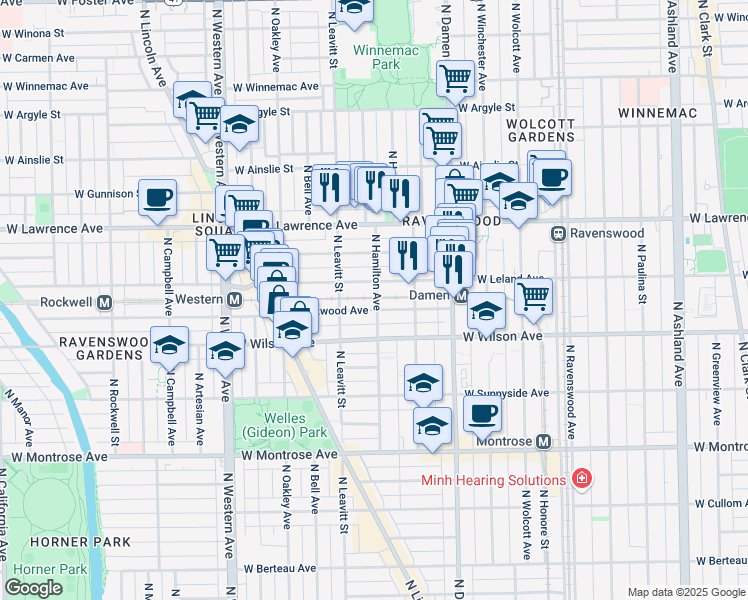 map of restaurants, bars, coffee shops, grocery stores, and more near 2146 West Leland Avenue in Chicago