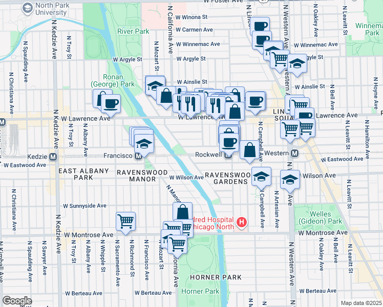 map of restaurants, bars, coffee shops, grocery stores, and more near 2734 West Leland Avenue in Chicago