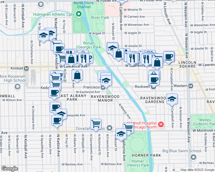 map of restaurants, bars, coffee shops, grocery stores, and more near 2848 West Leland Avenue in Chicago