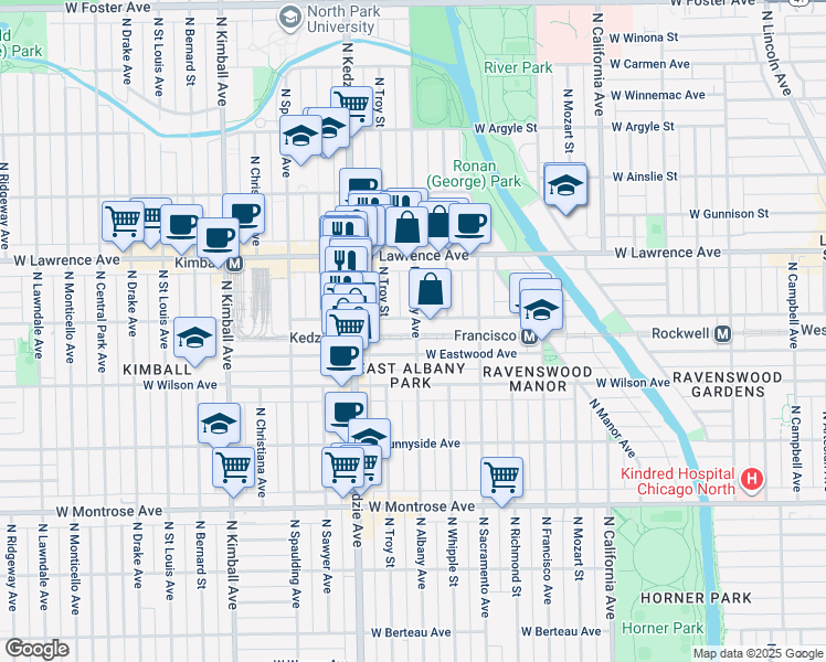 map of restaurants, bars, coffee shops, grocery stores, and more near 4710 North Albany Avenue in Chicago