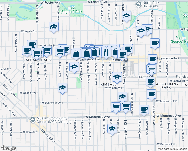 map of restaurants, bars, coffee shops, grocery stores, and more near 4714 North Central Park Avenue in Chicago