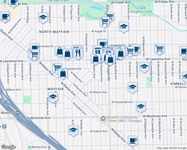 map of restaurants, bars, coffee shops, grocery stores, and more near 4746 North Karlov Avenue in Chicago