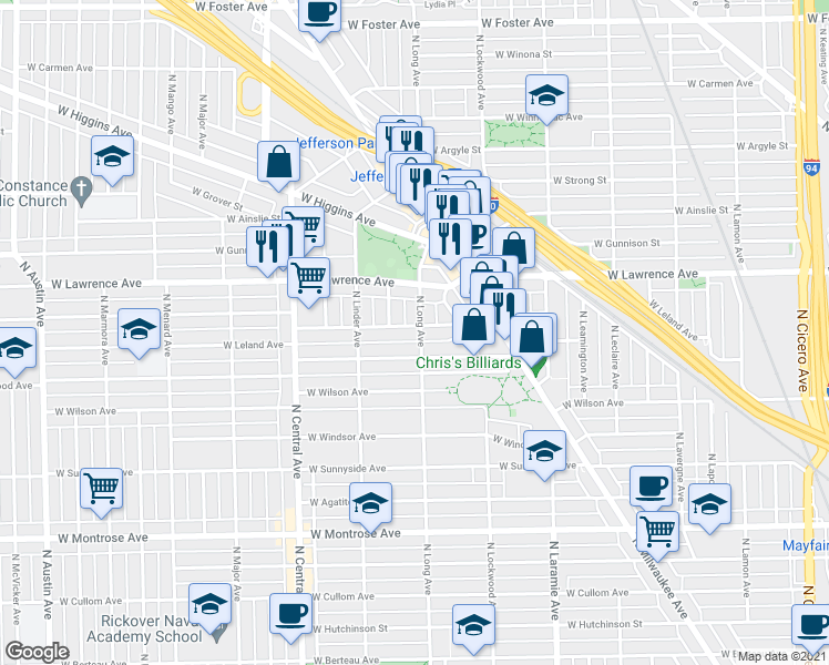 map of restaurants, bars, coffee shops, grocery stores, and more near 4749 North Lotus Avenue in Chicago