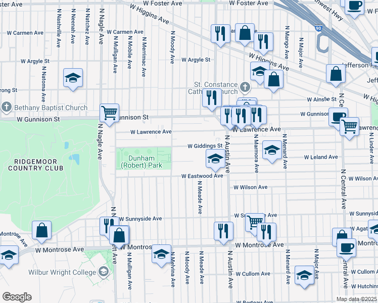map of restaurants, bars, coffee shops, grocery stores, and more near 6104 West Giddings Street in Chicago