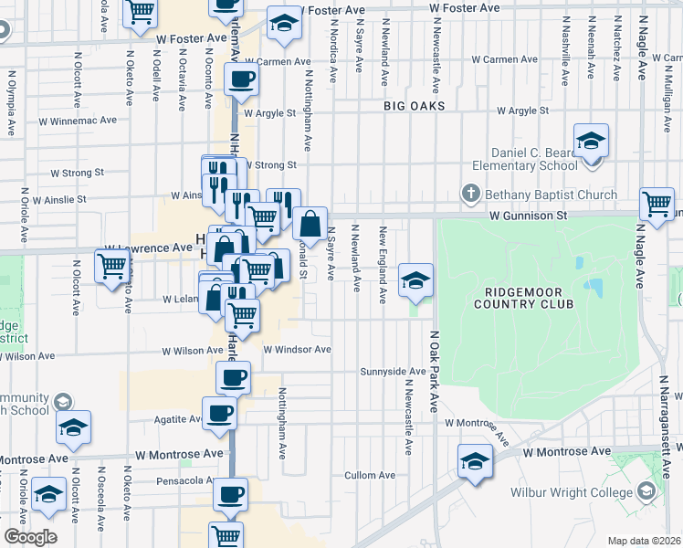 map of restaurants, bars, coffee shops, grocery stores, and more near 4717 North Sayre Avenue in Harwood Heights