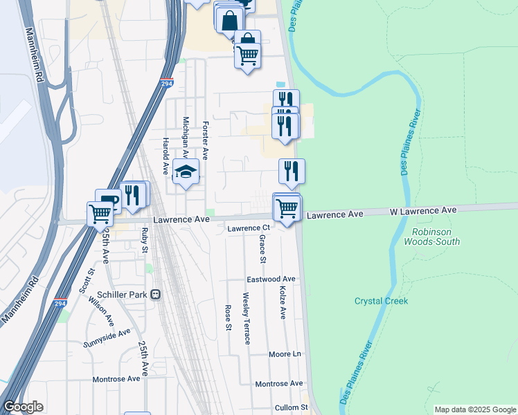 map of restaurants, bars, coffee shops, grocery stores, and more near 9432 Kelvin Lane in Schiller Park