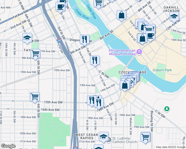 map of restaurants, bars, coffee shops, grocery stores, and more near 112-130 11th Avenue Southwest in Cedar Rapids