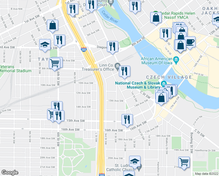 map of restaurants, bars, coffee shops, grocery stores, and more near 1121 3rd Street Southwest in Cedar Rapids