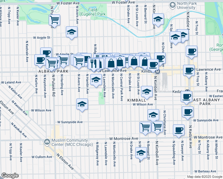 map of restaurants, bars, coffee shops, grocery stores, and more near 4654 North Monticello Avenue in Chicago