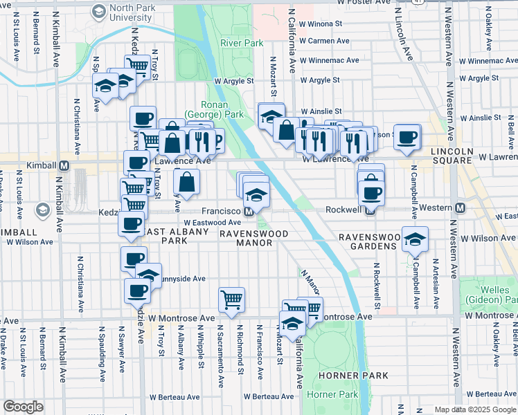 map of restaurants, bars, coffee shops, grocery stores, and more near 2848 West Leland Avenue in Chicago