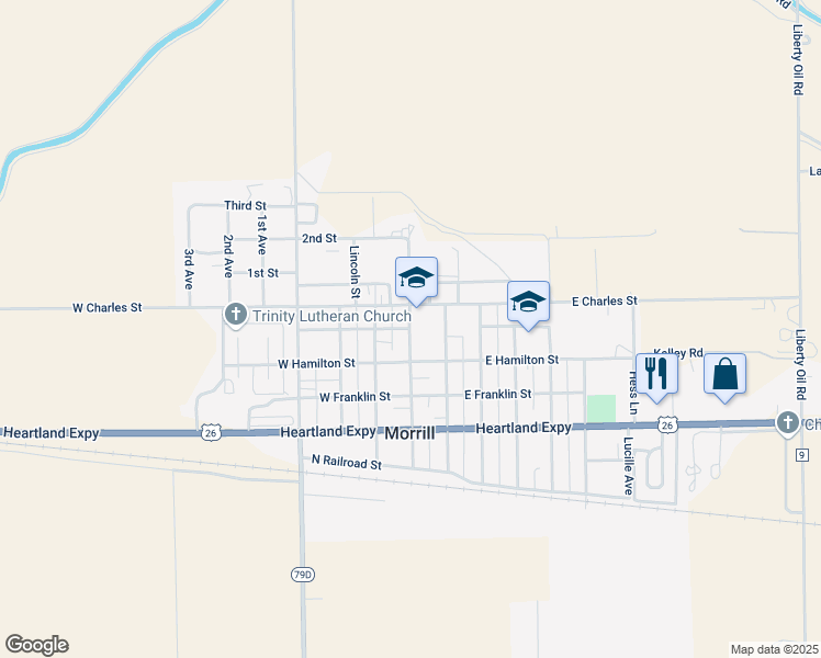 map of restaurants, bars, coffee shops, grocery stores, and more near 505 Center Avenue in Morrill
