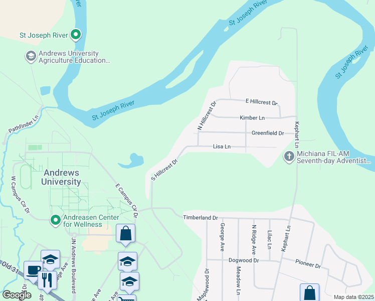 map of restaurants, bars, coffee shops, grocery stores, and more near 4510 West Hillcrest Drive in Oronoko charter Township
