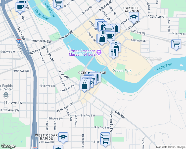 map of restaurants, bars, coffee shops, grocery stores, and more near 30 16th Avenue Southwest in Cedar Rapids