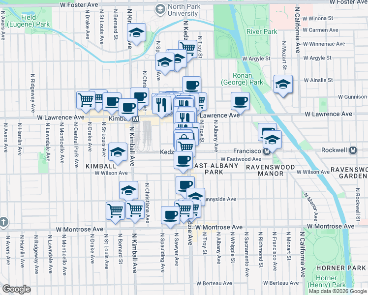 map of restaurants, bars, coffee shops, grocery stores, and more near 3201 West Leland Avenue in Chicago