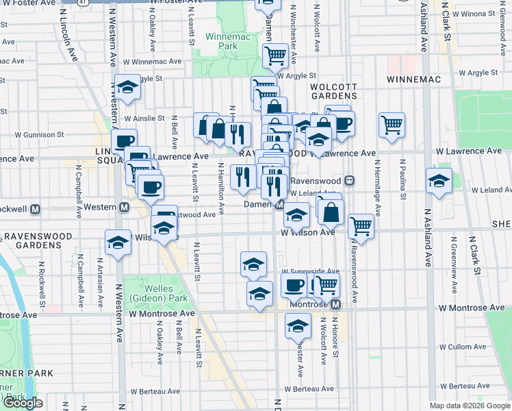 map of restaurants, bars, coffee shops, grocery stores, and more near 4704 North Damen Avenue in Chicago