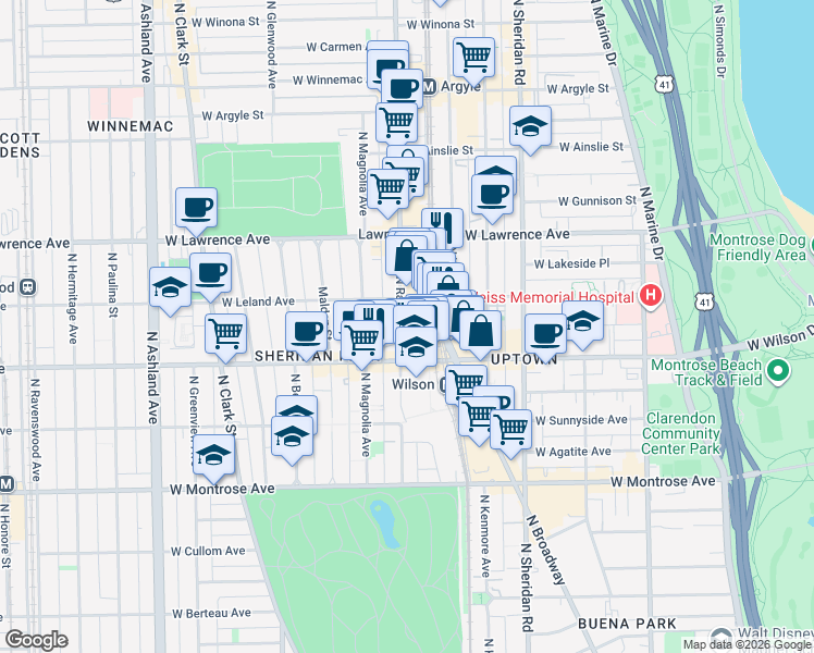 map of restaurants, bars, coffee shops, grocery stores, and more near 1207 West Leland Avenue in Chicago