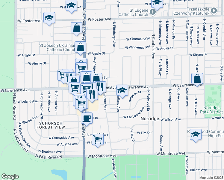map of restaurants, bars, coffee shops, grocery stores, and more near 8230 West Lawrence Avenue in Norridge