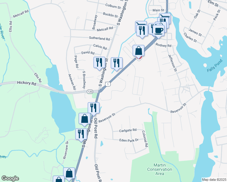 map of restaurants, bars, coffee shops, grocery stores, and more near 65 East Washington Street in North Attleborough