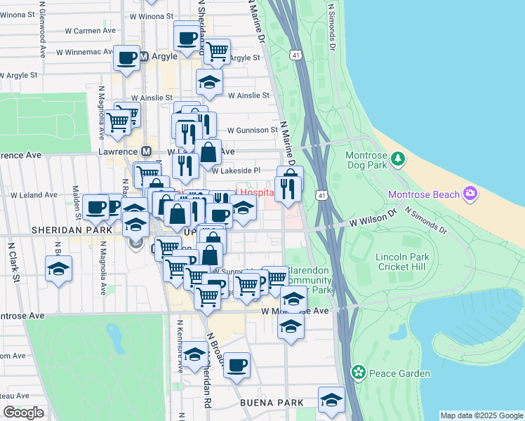 map of restaurants, bars, coffee shops, grocery stores, and more near 831 West Leland Avenue in Chicago