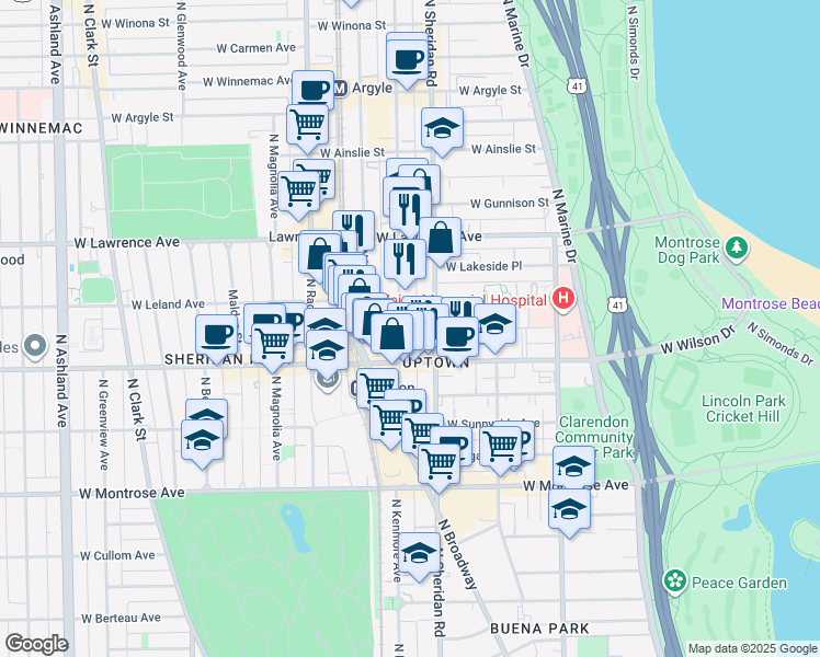 map of restaurants, bars, coffee shops, grocery stores, and more near 1007 West Leland Avenue in Chicago