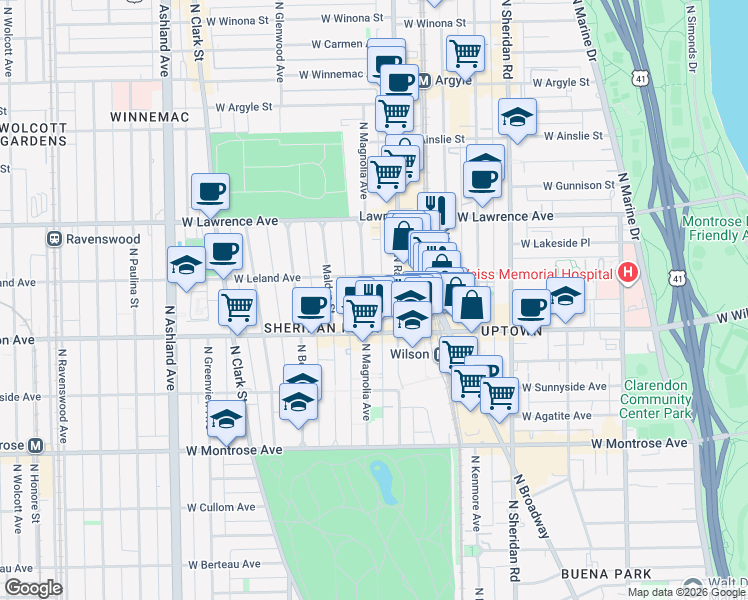 map of restaurants, bars, coffee shops, grocery stores, and more near 1207 West Leland Avenue in Chicago