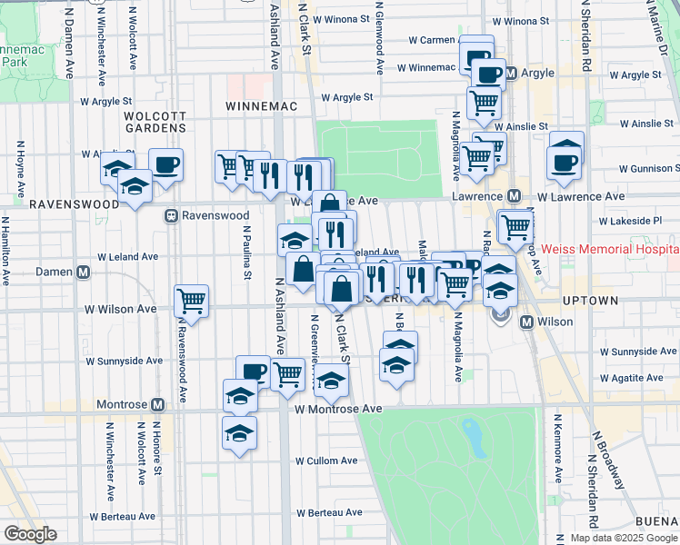 map of restaurants, bars, coffee shops, grocery stores, and more near 4658 North Dover Street in Chicago