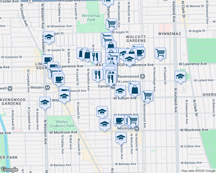 map of restaurants, bars, coffee shops, grocery stores, and more near 4704 North Damen Avenue in Chicago