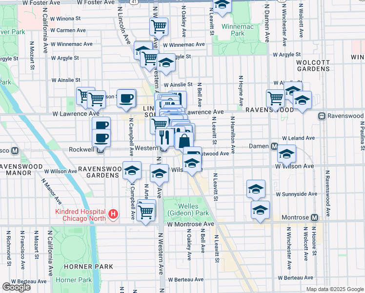 map of restaurants, bars, coffee shops, grocery stores, and more near 2272 West Leland Avenue in Chicago
