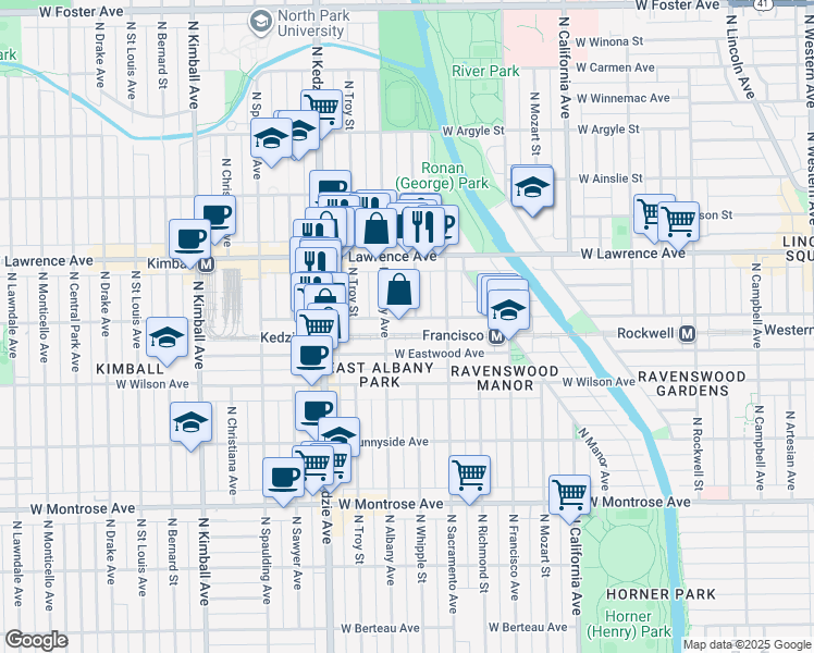 map of restaurants, bars, coffee shops, grocery stores, and more near 4706 North Whipple Street in Chicago