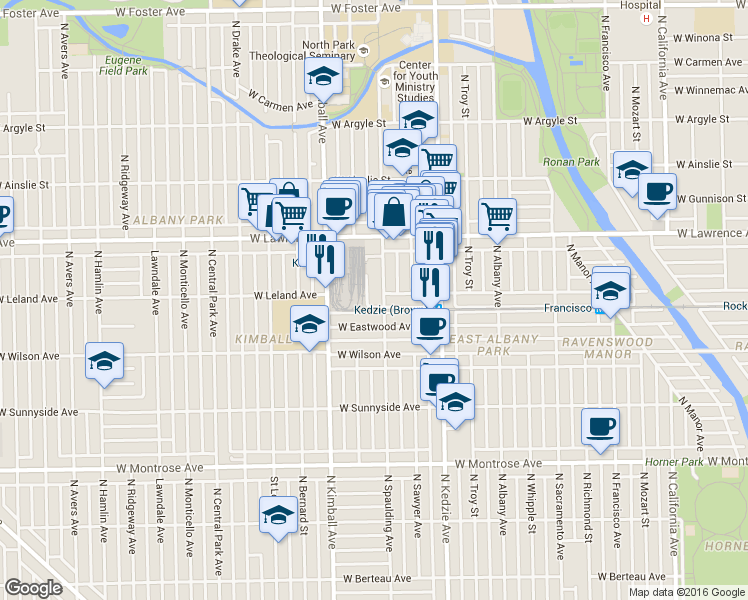 map of restaurants, bars, coffee shops, grocery stores, and more near 4710 North Spaulding Avenue in Chicago